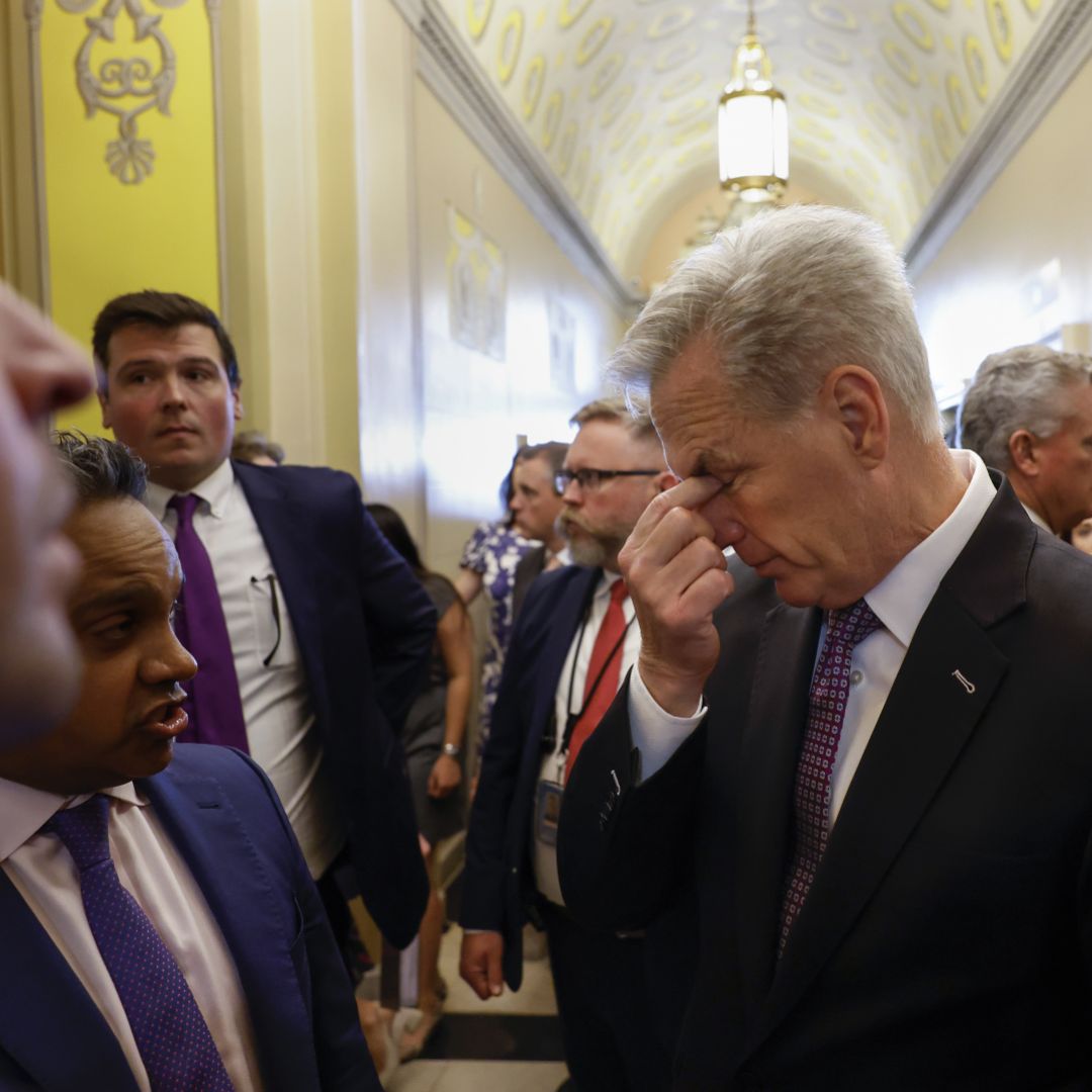 U.S. Speaker of the House Kevin McCarthy talks to reporters at the U.S. Capitol on May 17, 2023, about the current impasse over raising the nation's debt limit.