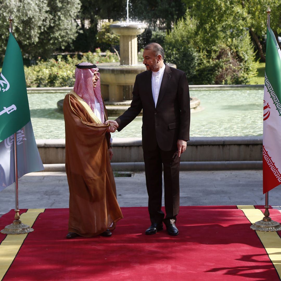 Iran’s foreign minister (right) poses for a picture with his Saudi counterpart on June 17, 2023, in Tehran. Iran’s foreign minister (right) poses for a picture with his Saudi counterpart on June 17, 2023, in Tehran.