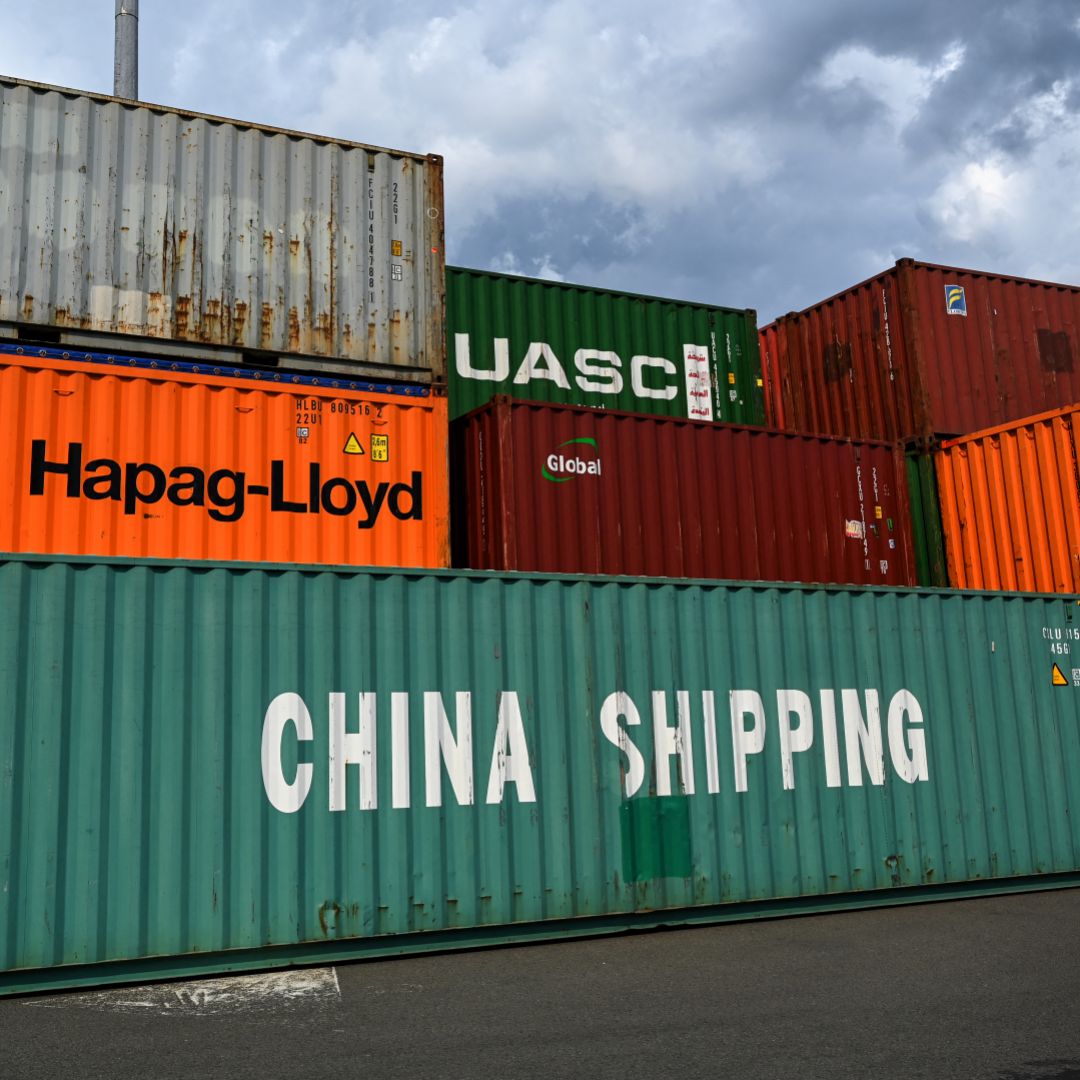 Chinese shipping containers are seen at a seaport terminal in Duisburg, Germany, on July 13, 2023.