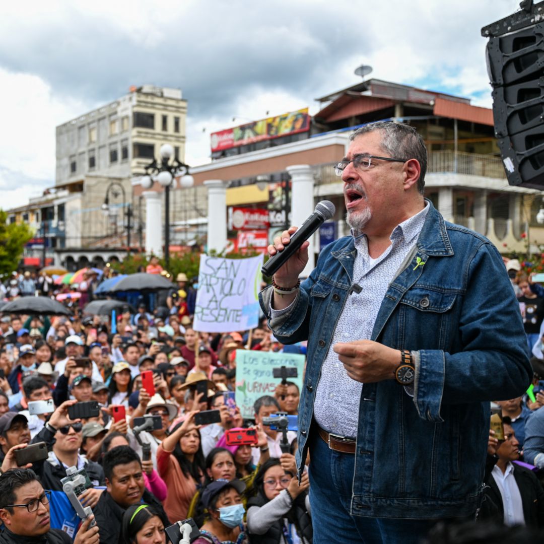 Guatemalan presidential candidate Bernardo Arevalo speaks to supporters during a campaign rally in Totonicapan, Guatemala on July 15, 2023, ahead of the upcoming runoff election. 