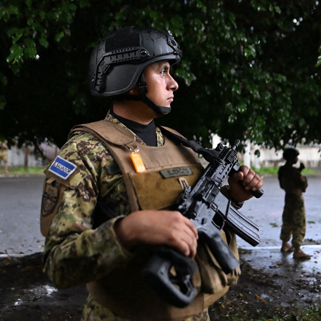 Soldiers conduct a patrol on July 22, 2023, in the Salvadorean municipality of Colon, where the MS-13 gang reportedly remains active. 