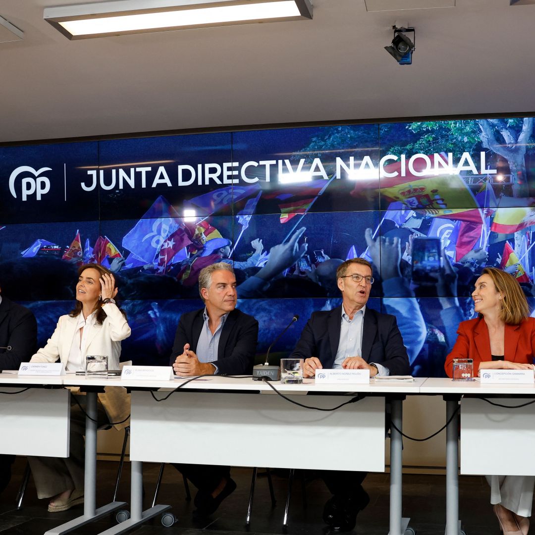 The leader of Spain's center-right People's Party, Alberto Nunez Feijoo (center), and other top party officials answer questions during a post-election press conference in Madrid on July 24, 2023. The leader of Spain's center-right People's Party, Alberto Nunez Feijoo (center), and other top party officials answer questions during a post-election press conference in Madrid on July 24, 2023.