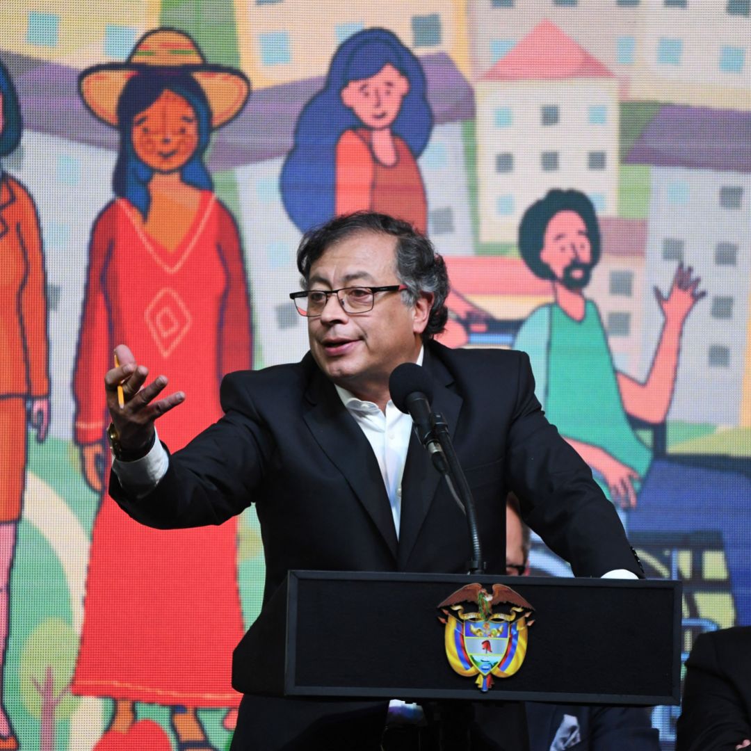 Colombian President Gustavo Petro speaks during a meeting between the government, the National Liberation Army (ELN) guerrilla leadership and civil organizations in Bogota, Colombia, on Aug. 3, 2023. 