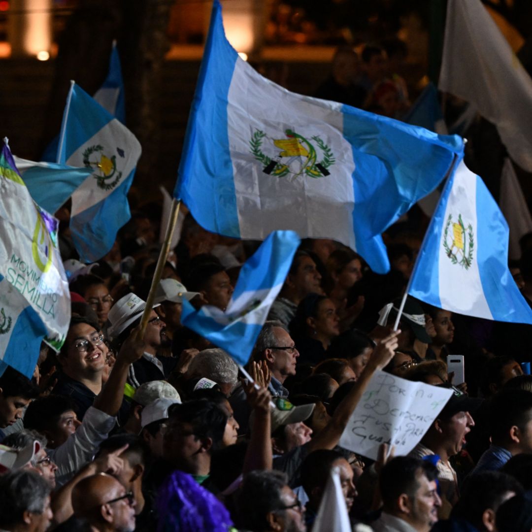 Supporters of Guatemalan presidential candidate Bernardo Arevalo attend a campaign rally in the Central Square in Guatemala City, Guatemala, on Aug. 16, 2023. 