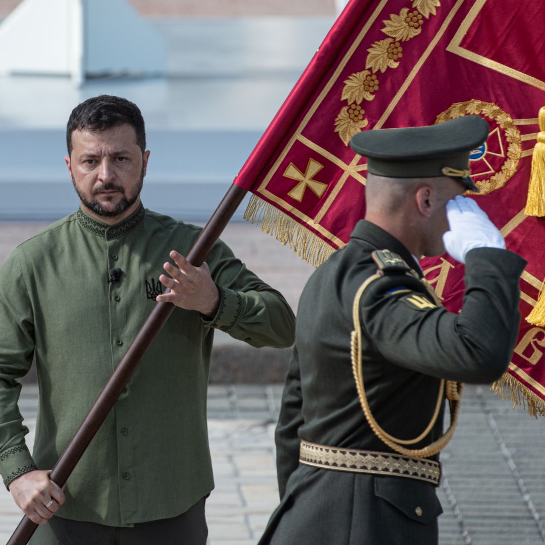 Ukrainian President Volodymyr Zelensky holds a flag during a ceremony on Ukraine's Independence Day on Aug. 24, 2023, in Kyiv, Ukraine. 