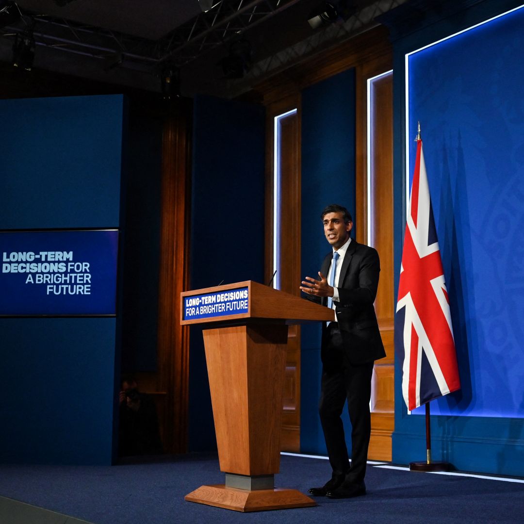 U.K. Prime Minister Rishi Sunak delivers a speech during a press conference on the country's climate policies at the Downing Street Briefing Room in London on Sept. 20, 2023. U.K. Prime Minister Rishi Sunak delivers a speech during a press conference on the country's climate policies at the Downing Street Briefing Room in London on Sept. 20, 2023.