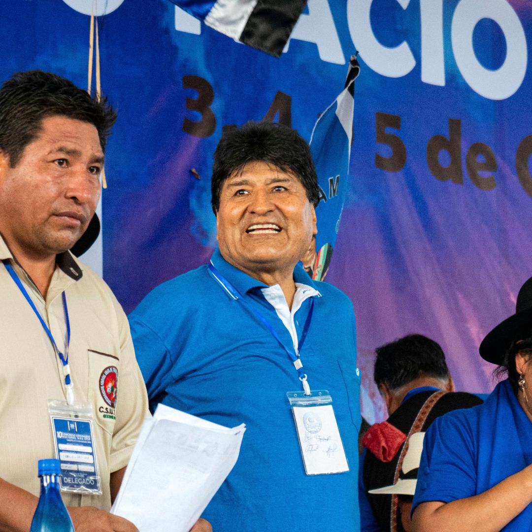 Former Bolivian President Evo Morales (2nd from left) participates in the 10th congress of the Movement for Socialism (MAS) party on Oct. 4, 2023. 