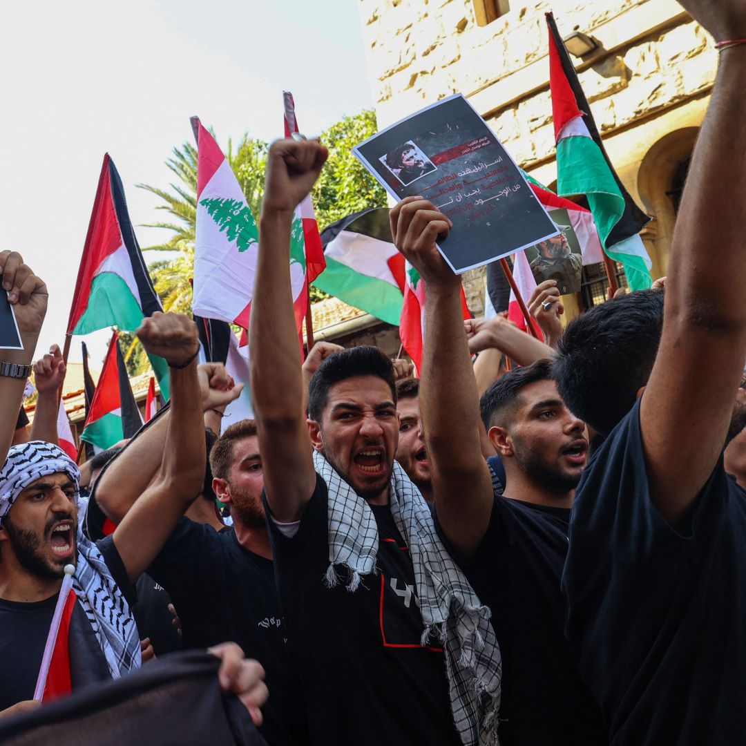 Students from the American University of Beirut (AUB) rally in support of Palestinians outside the main gate of the university in the Lebanese capital on Oct. 9, 2023. 