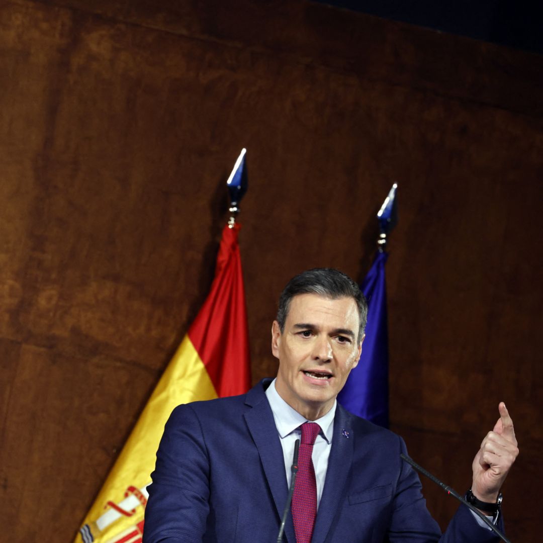 Spain's acting Prime Minister Pedro Sanchez speaks in Madrid after signing an agreement to form a coalition government on Oct. 24, 2023. 