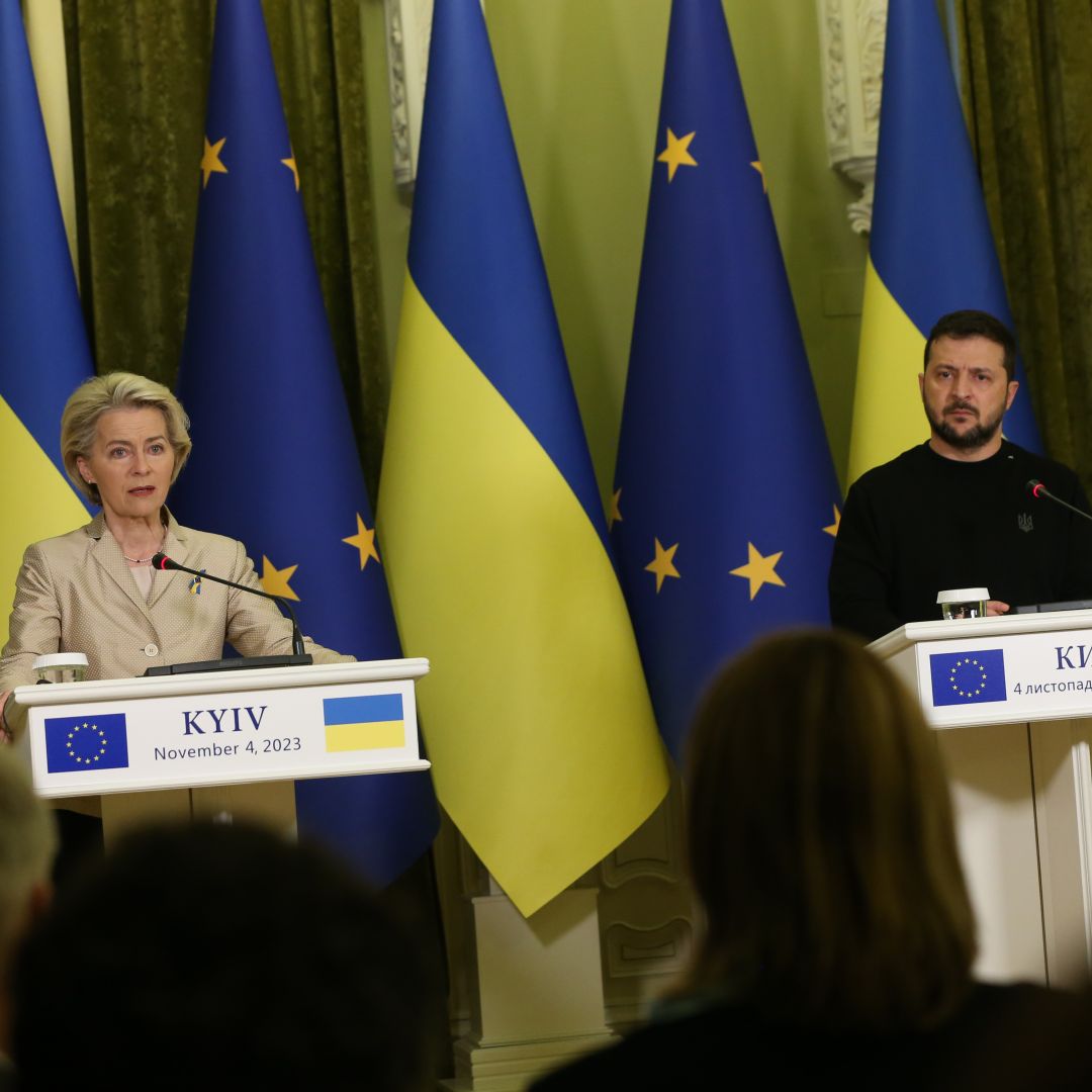 European Commission President Ursula von der Leyen (left) and Ukrainian President Volodymyr Zelenskyy (right) hold a joint press conference on Nov. 4, 2023, in Kyiv, Ukraine. European Commission President Ursula von der Leyen (left) and Ukrainian President Volodymyr Zelenskyy (right) hold a joint press conference on Nov. 4, 2023, in Kyiv, Ukraine.
