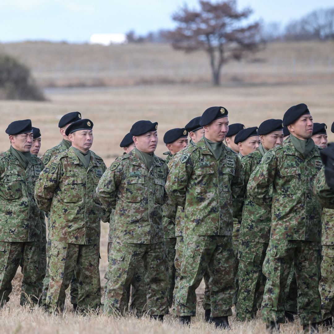 Japanese soldiers are seen at a joint military drill conducted with participants from the U.S., the U.K., Canada and Germany, among other countries, in Funabashi, east of Tokyo, on Jan. 7, 2024.