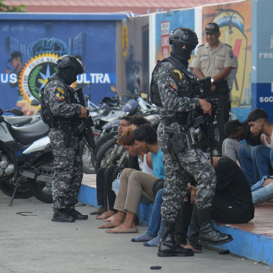Police present detainees in the case of TC Television in which armed men broke into the station's live broadcast on Jan. 10, 2024, in Guayaquil, Ecuador. 
