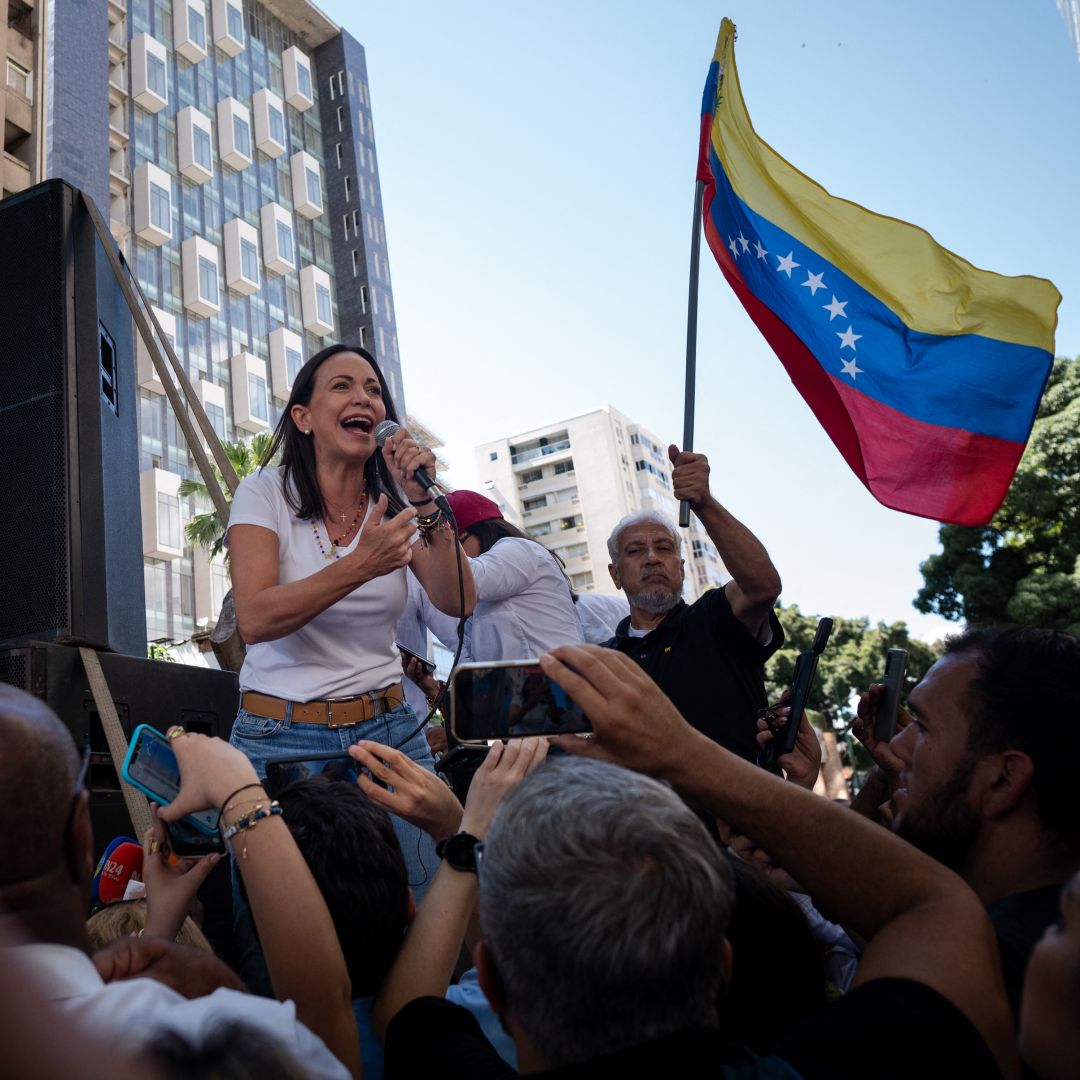 Maria Corina Machado, the leading opposition candidate in Venezuela's 2024 presidential race, speaks to supporters during a rally in Caracas on Jan. 23, 2024. 