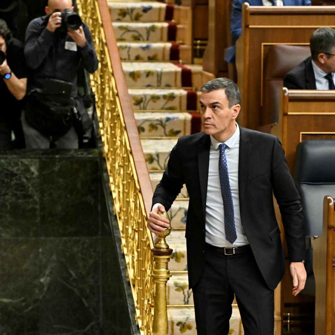 Spanish Prime Minister Pedro Sanchez leaves during a break of the plenary session before a vote on the government's controversial amnesty bill for Catalan secessionists at the Congress of Deputies in Madrid, Spain, on Jan. 30, 2024. 