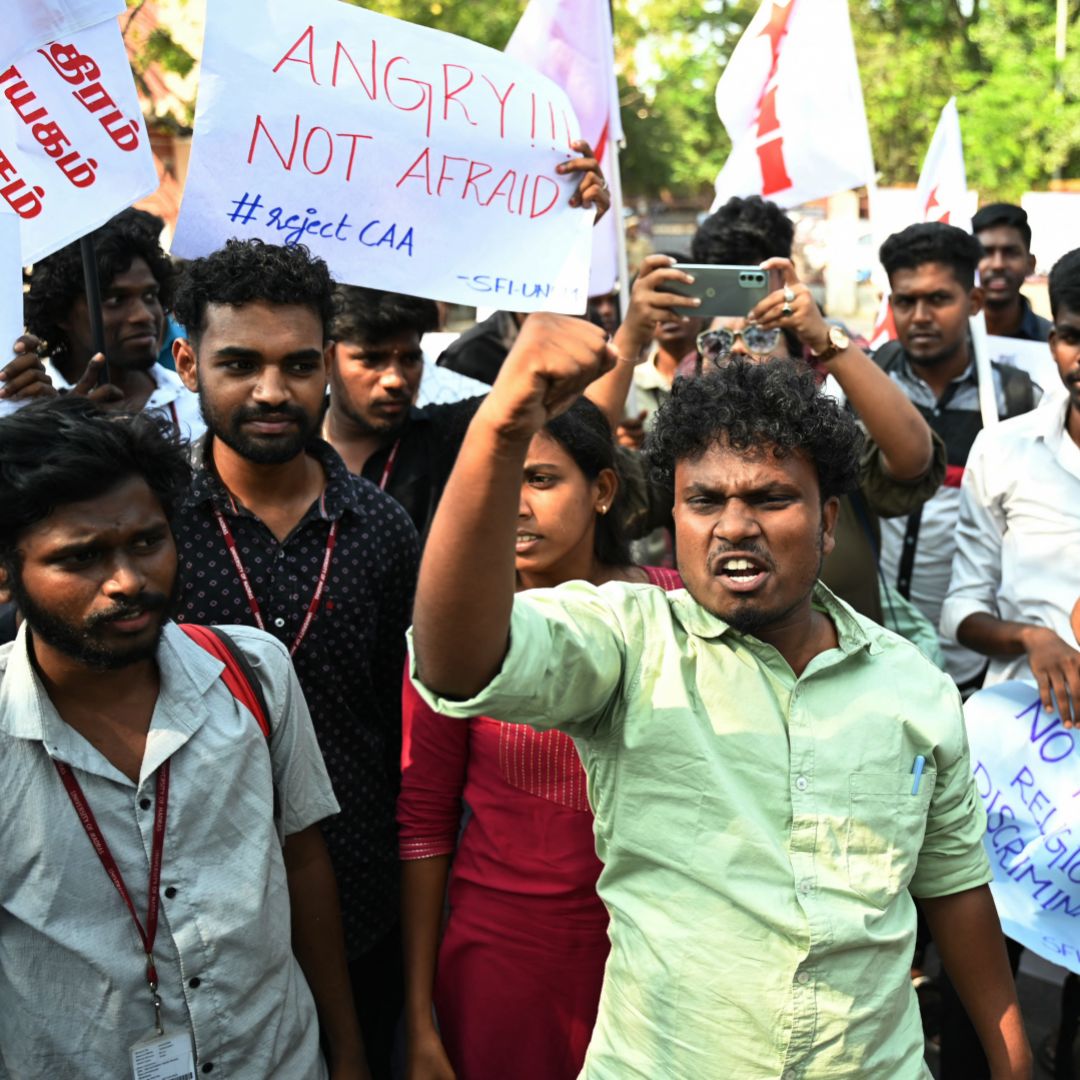 Members of the Students Federation of India (SFI) protest against the implementation of the Citizenship Amendment Act (CAA) in Chennai, India, on March 12, 2024. 