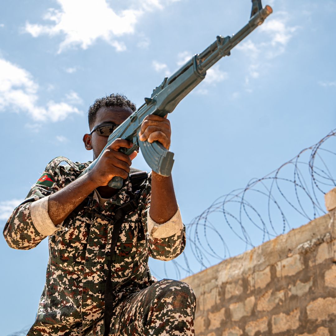 A Somali National Army soldier participates in a military drill in Mogadishu on March 19, 2024.