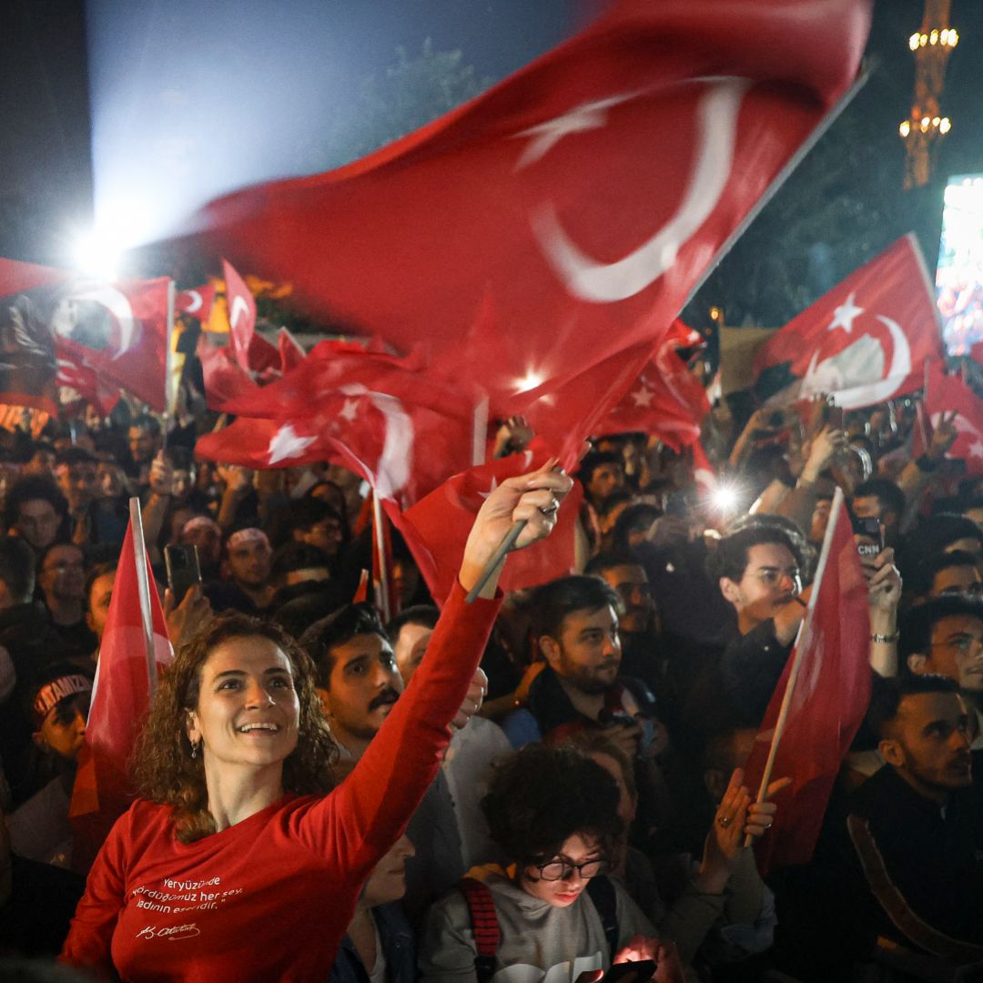 Opposition supporters celebrate Ekrem Imamoglu's reelection as Istanbul's mayor at the Republican People's Party Istanbul Provincial Directorate on April 1, 2024, in Istanbul, Turkey.