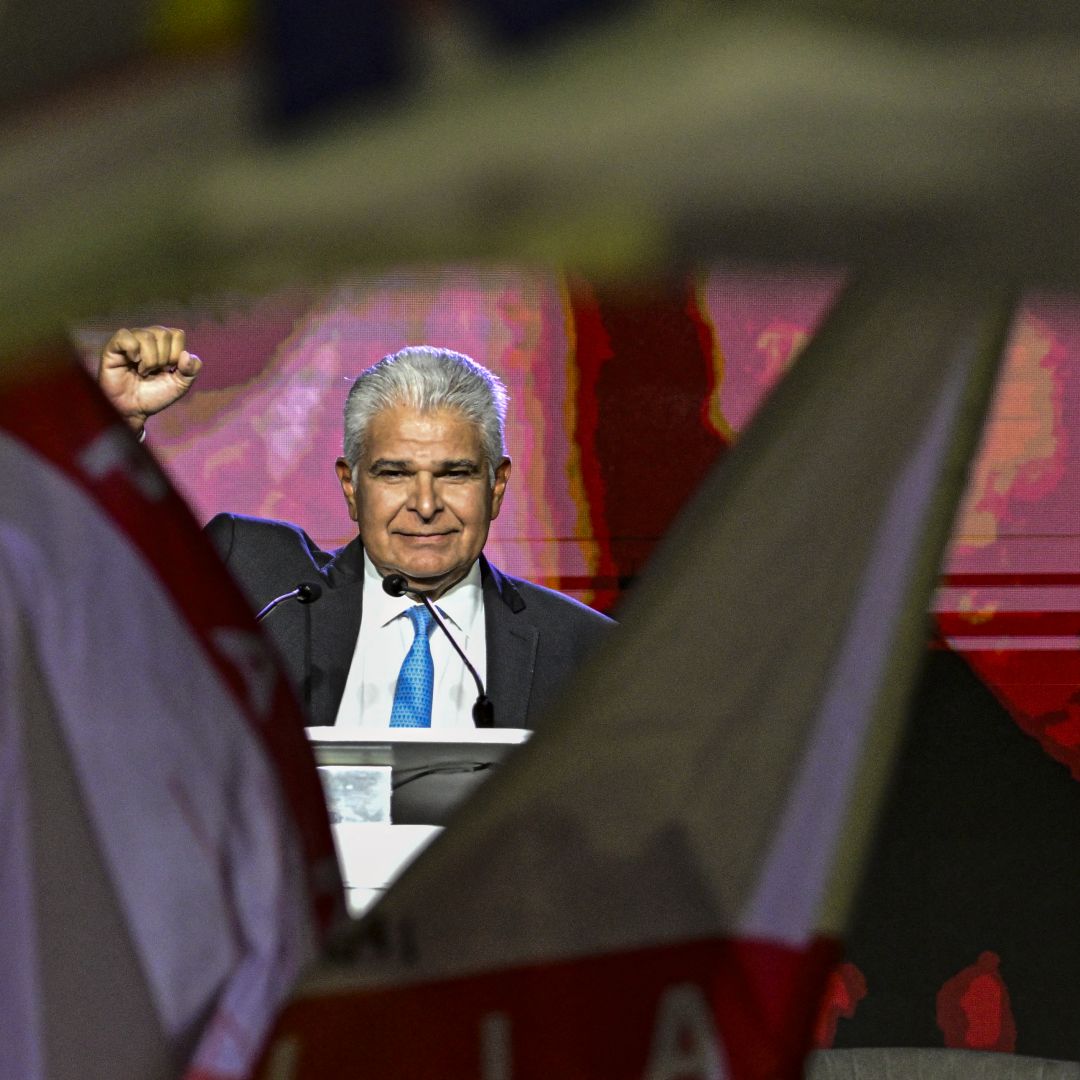 Panama presidential candidate Jose Raul Mulino of the conservative Realizing Goals party gestures during a campaign rally in Panama City on April 28, 2024. 