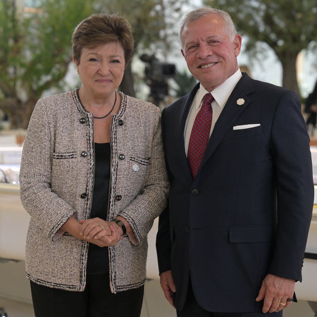 Jordan's King Abdullah II (right) and the head of the International Monetary Fund (IMF), Kristalina Georgieva, pose for a photo during the 2024 G-7 Summit in Savelletri, Italy, on June 14, 2024.