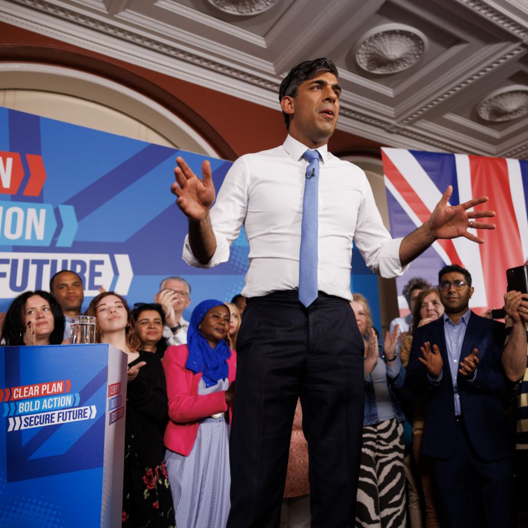 U.K. Prime Minister and Conservative Party leader Rishi Sunak holds a campaign event on June 24, 2024, in London.