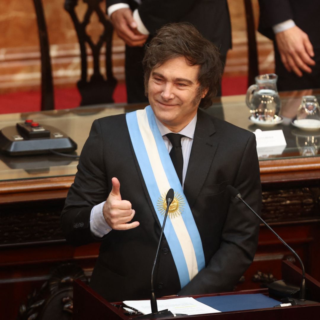 Argentine President Javier Milei gestures before presenting the 2025 budget proposal to Congress in Buenos Aires on Sept. 15, 2024. 