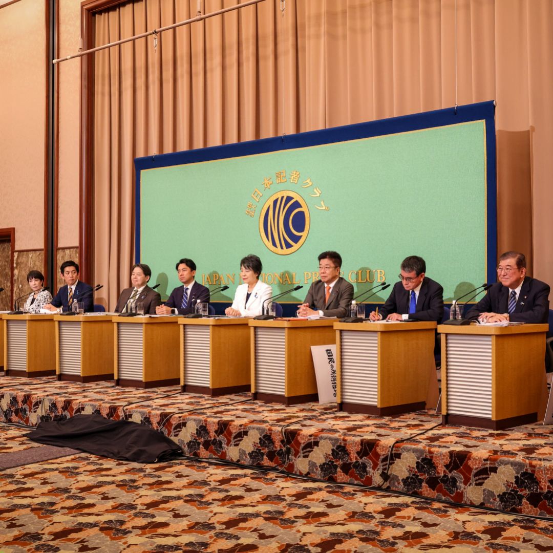 The candidates for Japan's ruling Liberal Democratic Party's (LDP) leadership election sit on stage during a debate in Tokyo on Sept. 14, 2024.