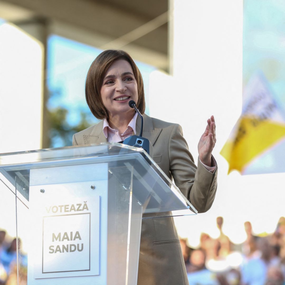 Moldovan President Maya Sandu delivers a speech in Chisinau on Sept. 20, 2024, during a rally to launch her reelection campaign. 