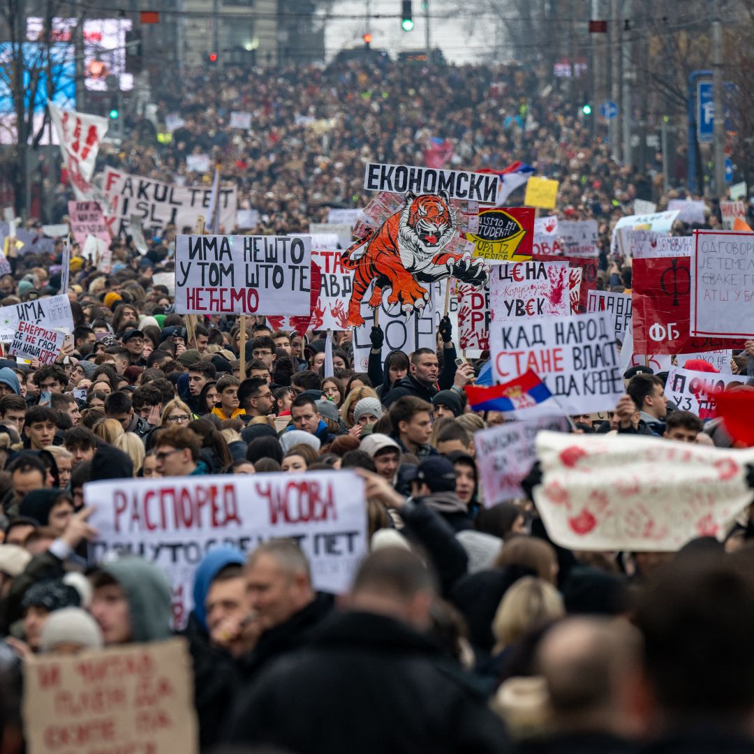 Demonstrators march in central Belgrade, Serbia, on Jan. 24, 2025, as part of a general strike over the fatal collapse of a train station roof in Novi Sad in November.