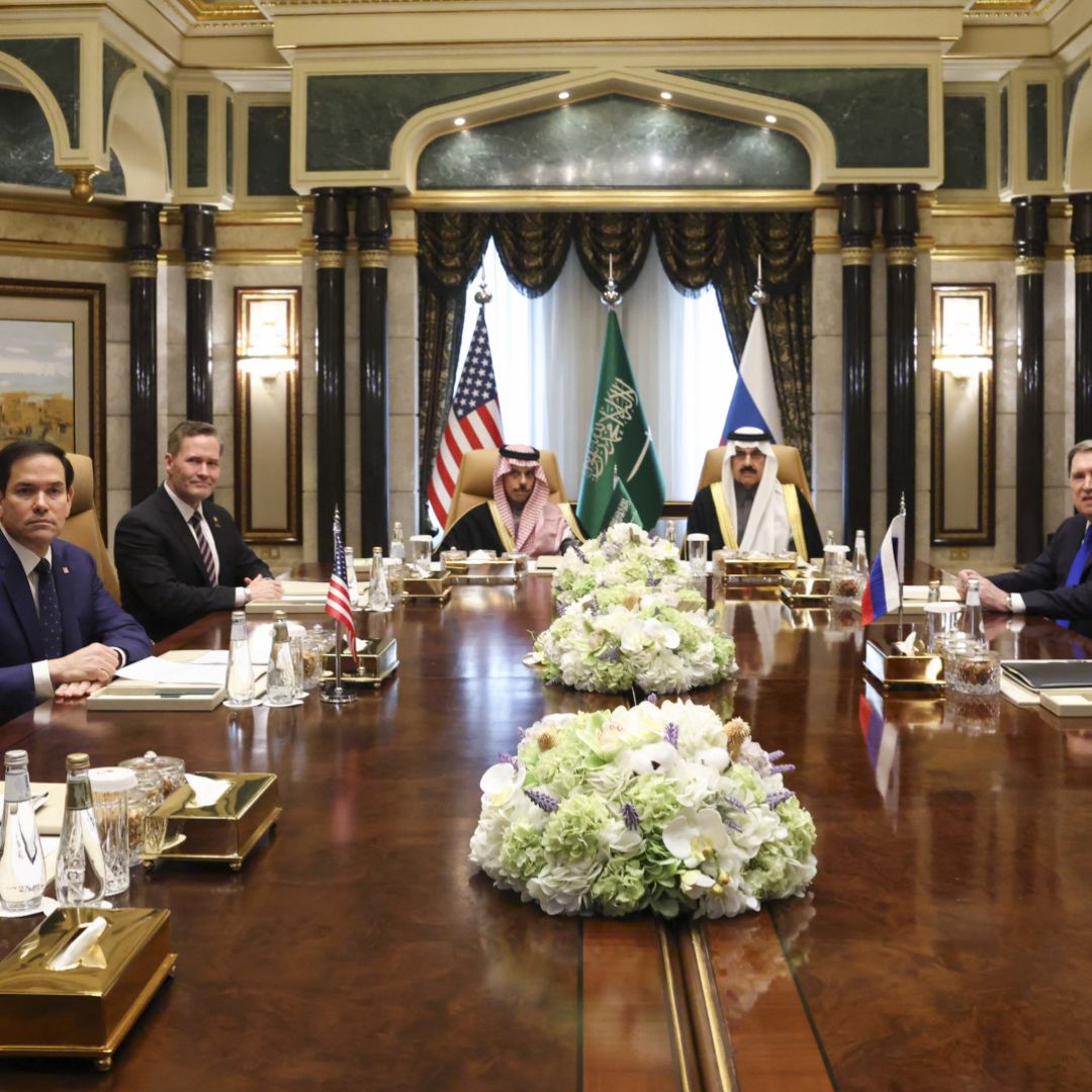 (Left to right) U.S., Saudi and Russian officials attend a meeting in Riyadh on Feb. 18, 2025.