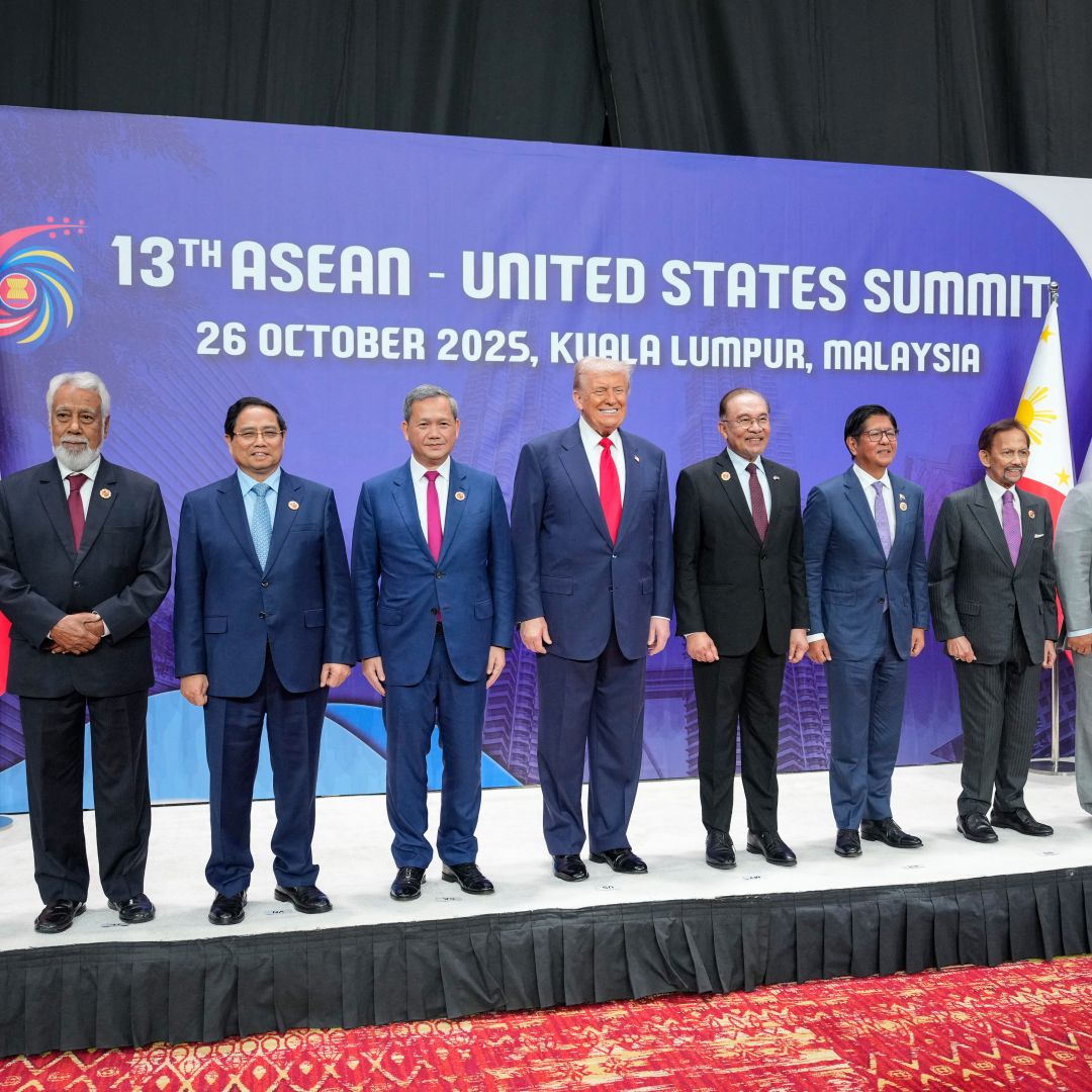 U.S. President Donald Trump (center) poses for a group photo with the leaders of (L-R) Singapore, East Timor, Vietnam, Cambodia, Malaysia, the Philippines, Brunei, Indonesia and Laos during the ASEAN leaders summit on Oct. 26, 2025.  U.S. President Donald Trump (center) poses for a group photo with the leaders of (L-R) Singapore, East Timor, Vietnam, Cambodia, Malaysia, the Philippines, Brunei, Indonesia and Laos during the ASEAN leaders summit on Oct. 26, 2025.