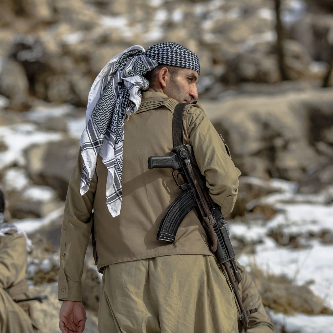 Members of the Kurdistan Democratic Party of Iran (KDPI) participate in a military drill in an outpost near Arbil, in the Kurdistan region of Iraq, on Jan. 15, 2026.