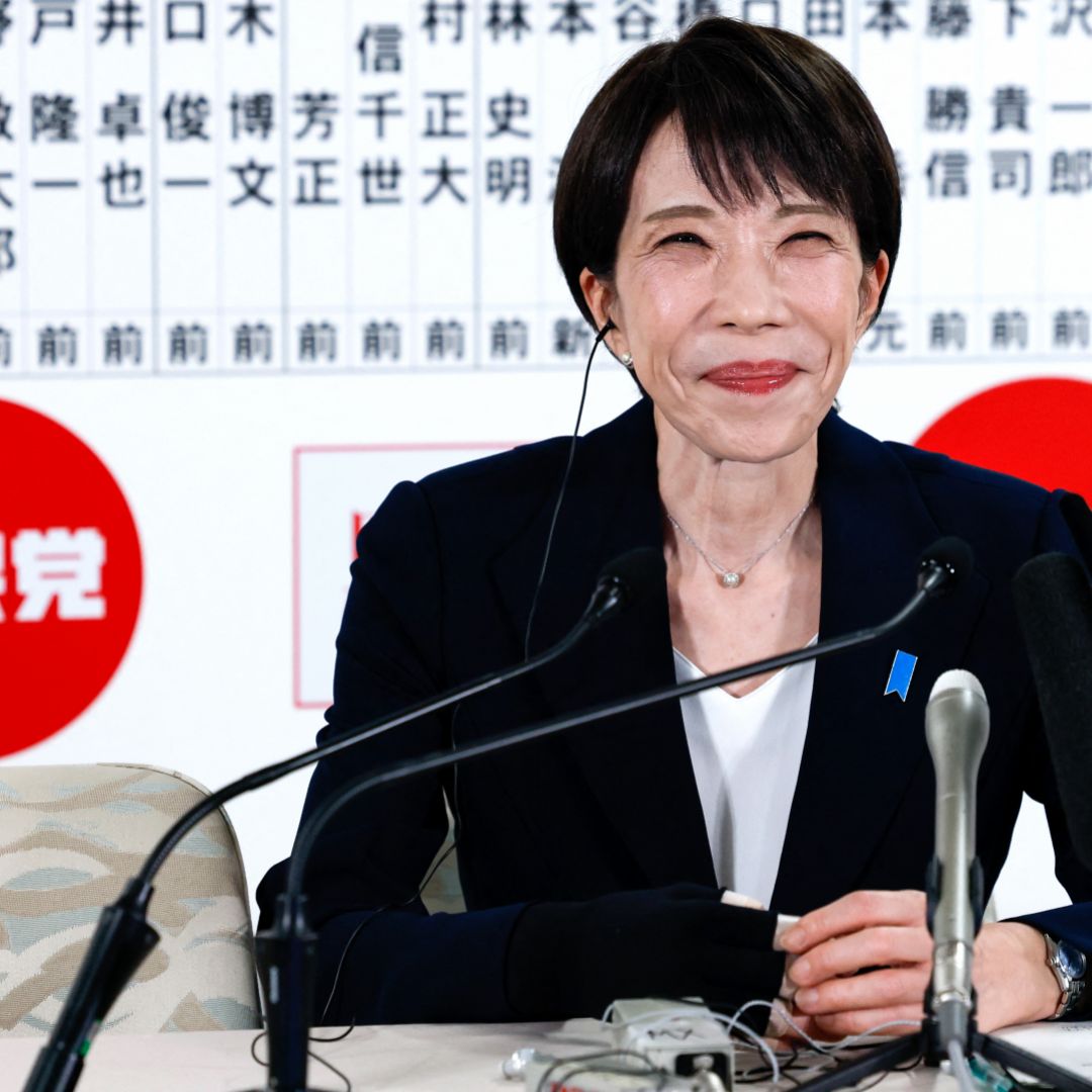 Japanese Prime Minister and President of the Liberal Democratic Party (LDP) Sanae Takaichi reacts as she speaks with media on the day of lower house elections at the LDP headquarters in Tokyo on Feb. 8, 2026. 