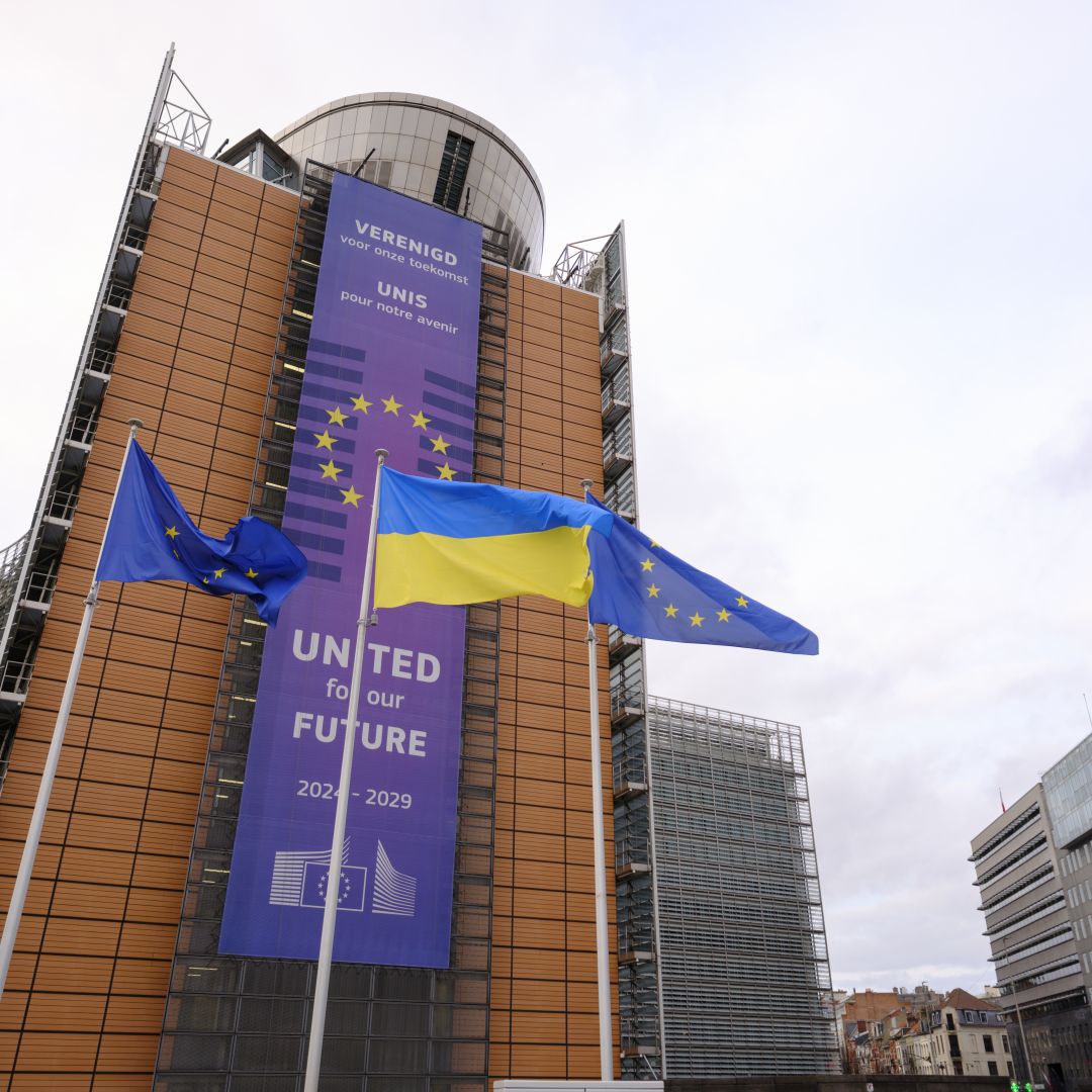 EU and Ukrainian flags fly outside the European Commission headquarters on Feb. 23, 2025, in Brussels, Belgium. EU and Ukrainian flags fly outside the European Commission headquarters on Feb. 23, 2025, in Brussels, Belgium.