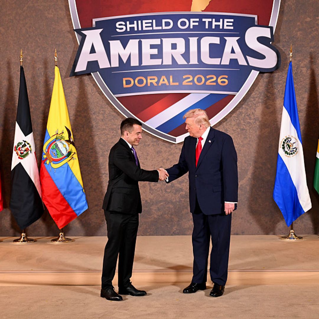 U.S. President Donald Trump greets Ecuadorian President Daniel Noboa at his "Shield of the Americas" summit, a gathering with heads of state and government officials from 12 countries in the Americas at the Trump National Doral Golf Club on March 7, 2026, in Doral, Florida. 