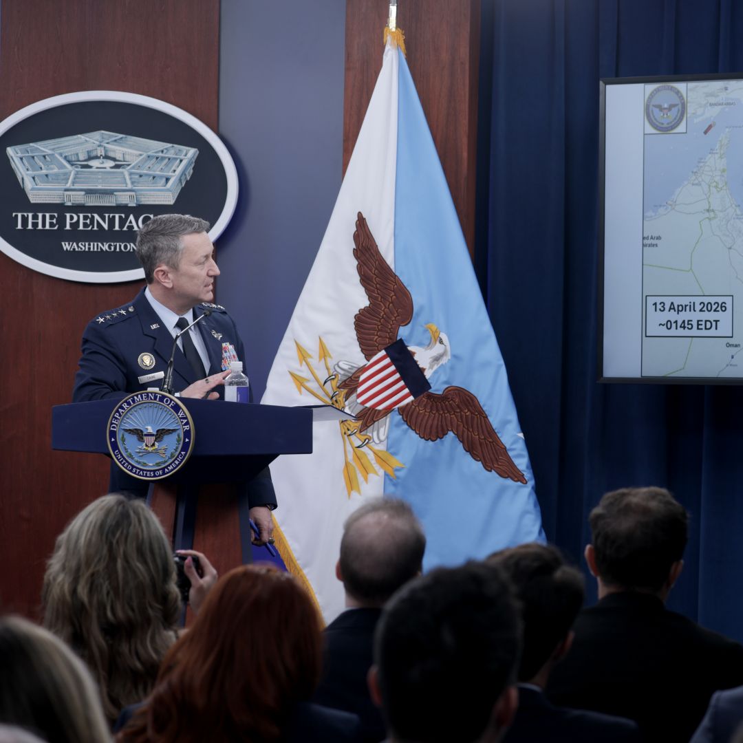 Chairman of the Joint Chiefs of Staff Gen. Dan Caine speaks as he displays a map showing the U.S. Navy's blockade of the Strait of Hormuz during a press briefing at the Pentagon on April 16, 2026, in Arlington, Virginia. 