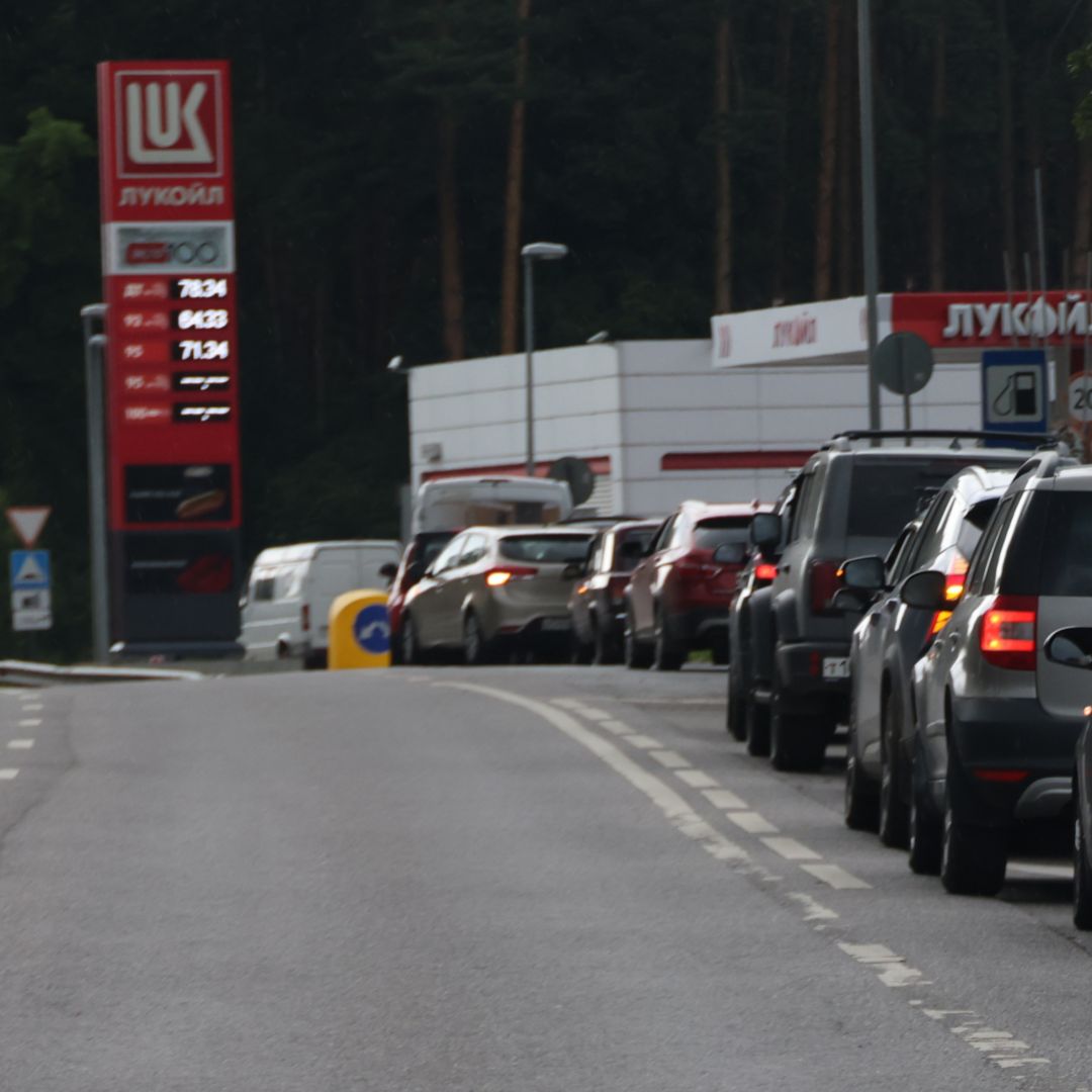 Cars stand in line for gasoline at a Lukoil gas station on July 8, 2026, outside of Moscow, Russia. Cars stand in line for gasoline at a Lukoil gas station on July 8, 2026, outside of Moscow, Russia.
