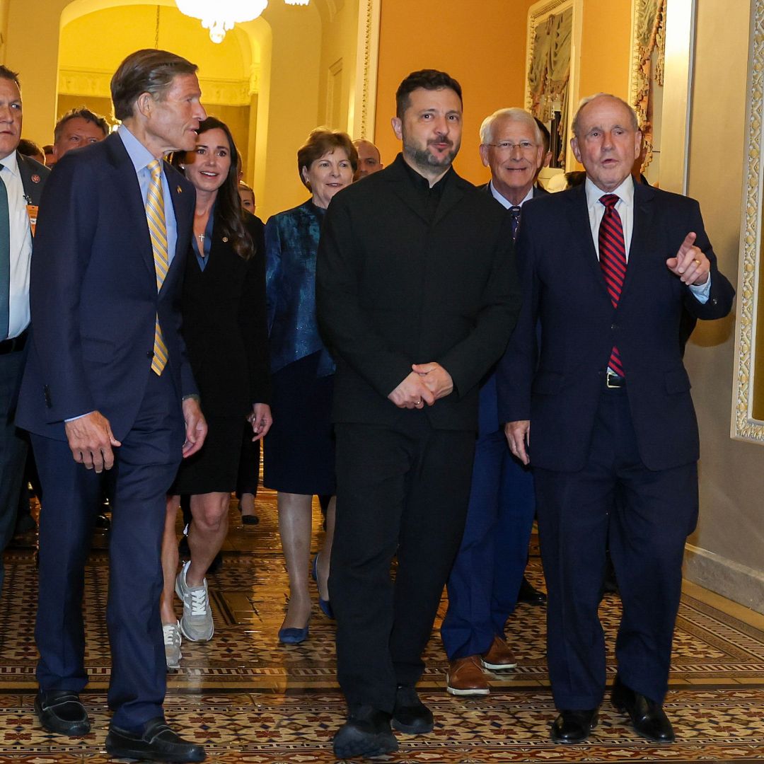 Ukrainian President Volodymyr Zelensky (center) chats with U.S. senators before heading to a closed-door meeting at the U.S. Capitol on July 28, 2026. Ukrainian President Volodymyr Zelensky (center) chats with U.S. senators before heading to a closed-door meeting at the U.S. Capitol on July 28, 2026.