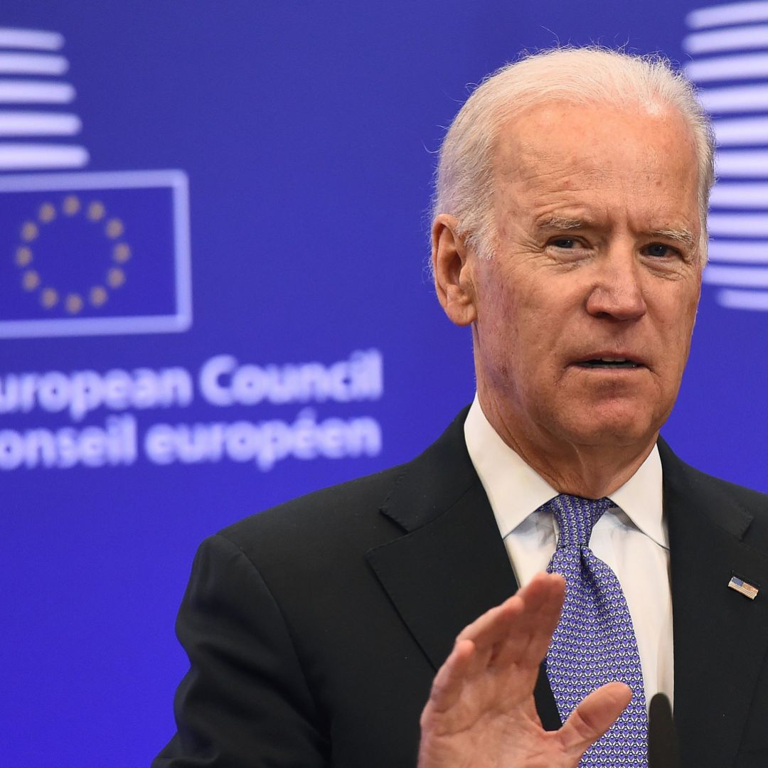 Then-U.S. Vice President Joe Biden speaks during a 2015 meeting with EU leaders in Brussels, Belgium.