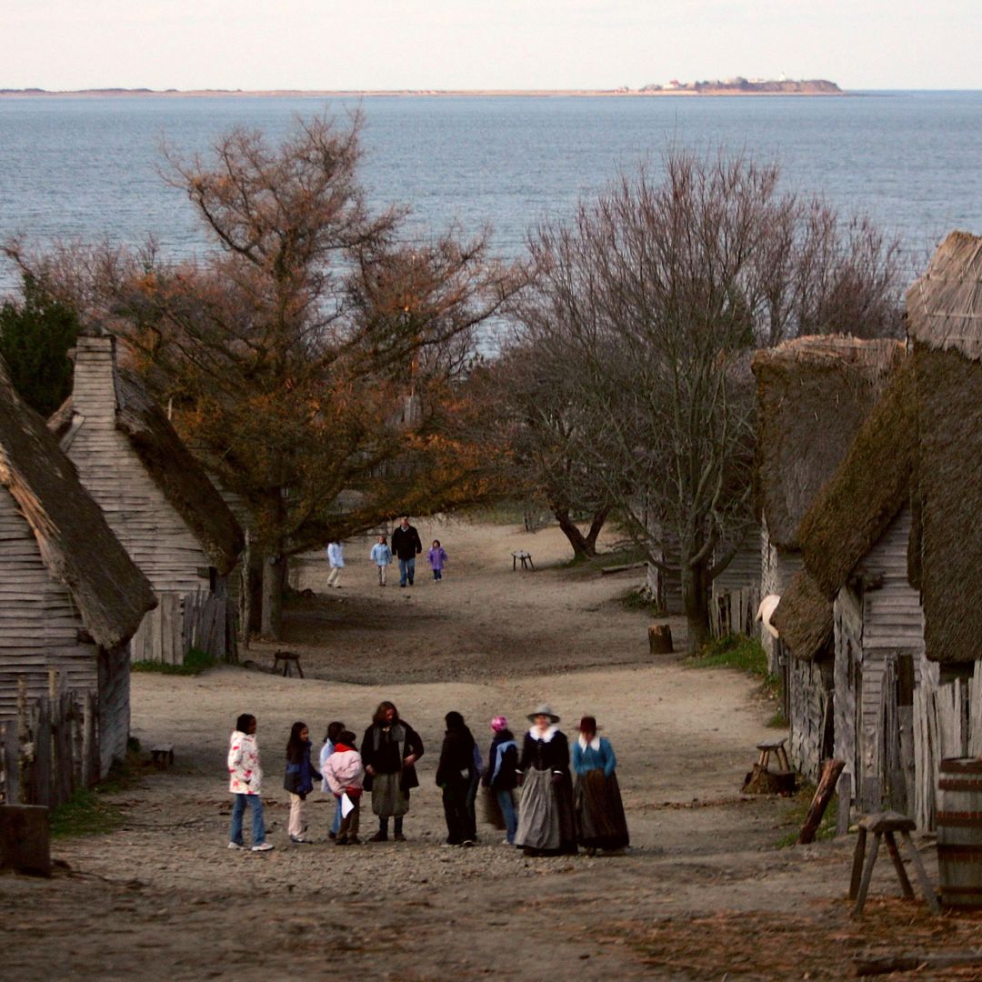 People visit the 1627 Pilgrim Village at "Plimoth Plantation," where role-players portray pilgrims seven years after the arrival of the Mayflower, in November 2005. 