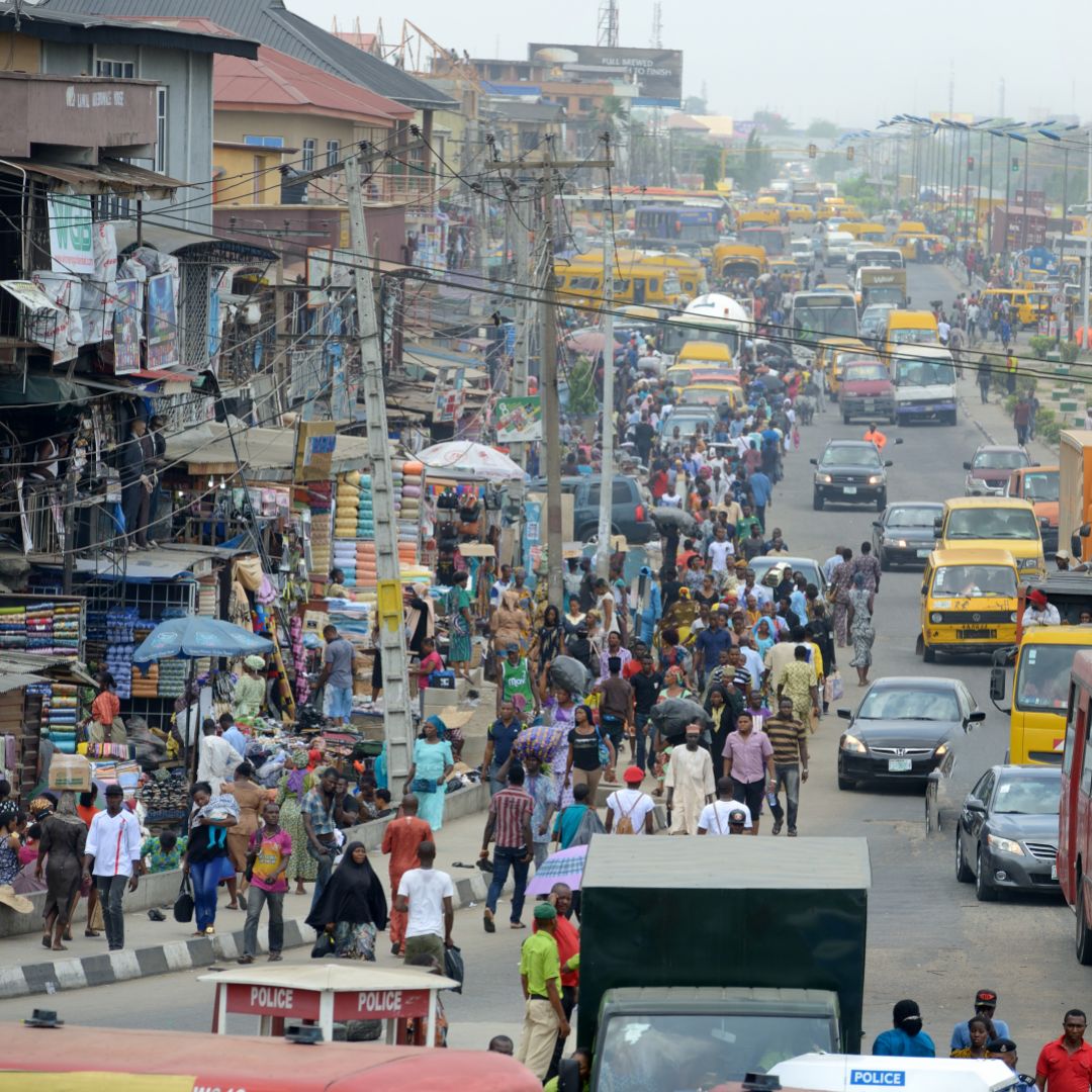 A busy street is seen in Lagos, Nigeria. 