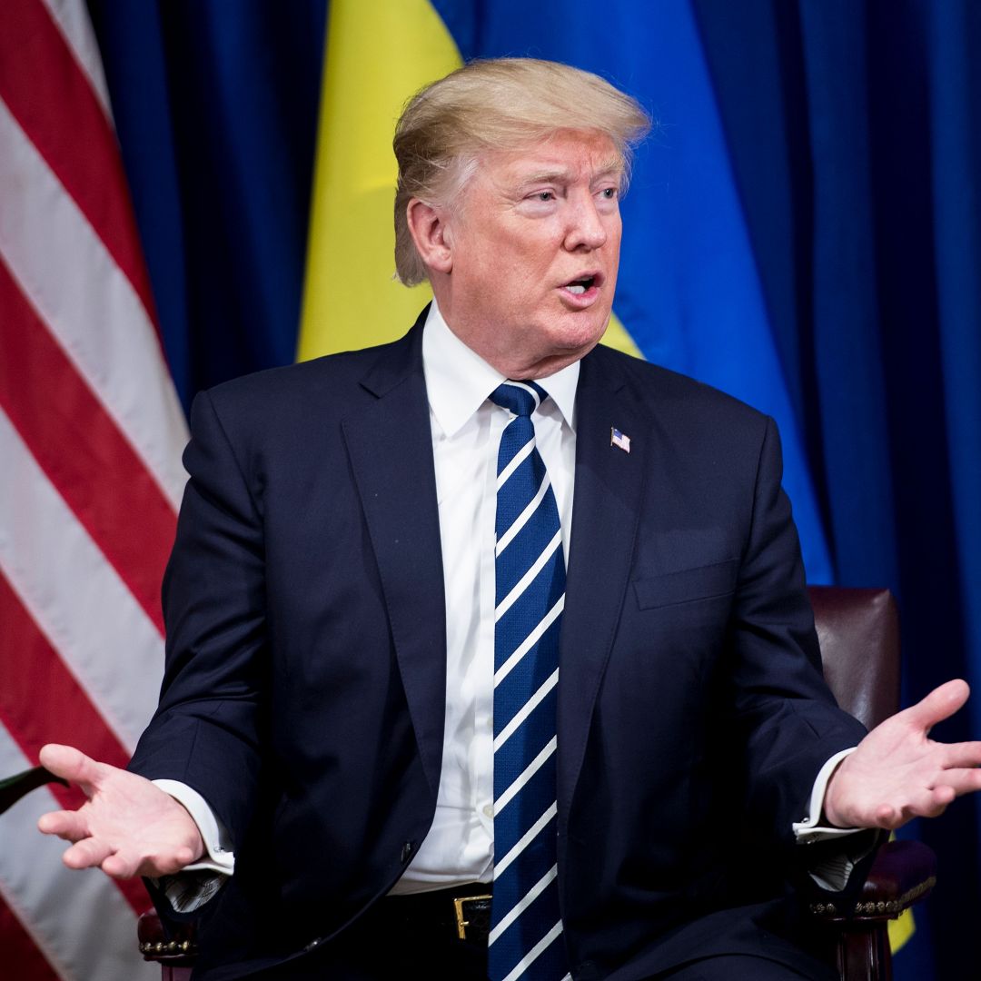 Then-U.S. President Donald Trump speaks with media on Sept. 21, 2017, before meeting Ukraine's then-president Petro Poroshenko on the sidelines of the 72nd U.N. General Assembly. 