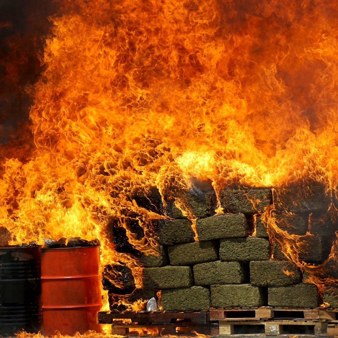 Seized marijuana bricks are incinerated in Guadalajara, Mexico.