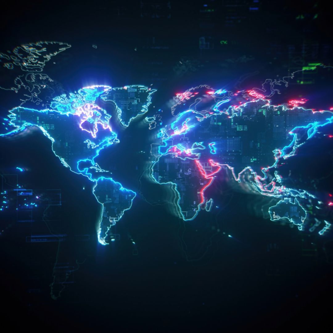 World map on a dark digital background representing global communication and global finances.