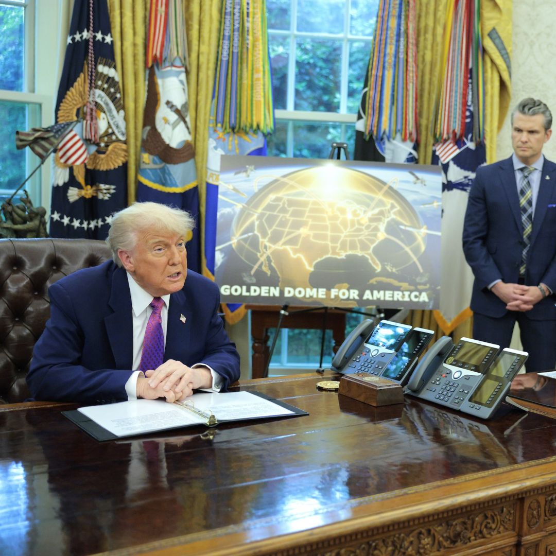 U.S. President Donald Trump discusses his plans for a "Golden Dome" U.S. missile defense shield in the Oval Office of the White House on May 20, 2025. U.S. President Donald Trump discusses his plans for a "Golden Dome" U.S. missile defense shield in the Oval Office of the White House on May 20, 2025.