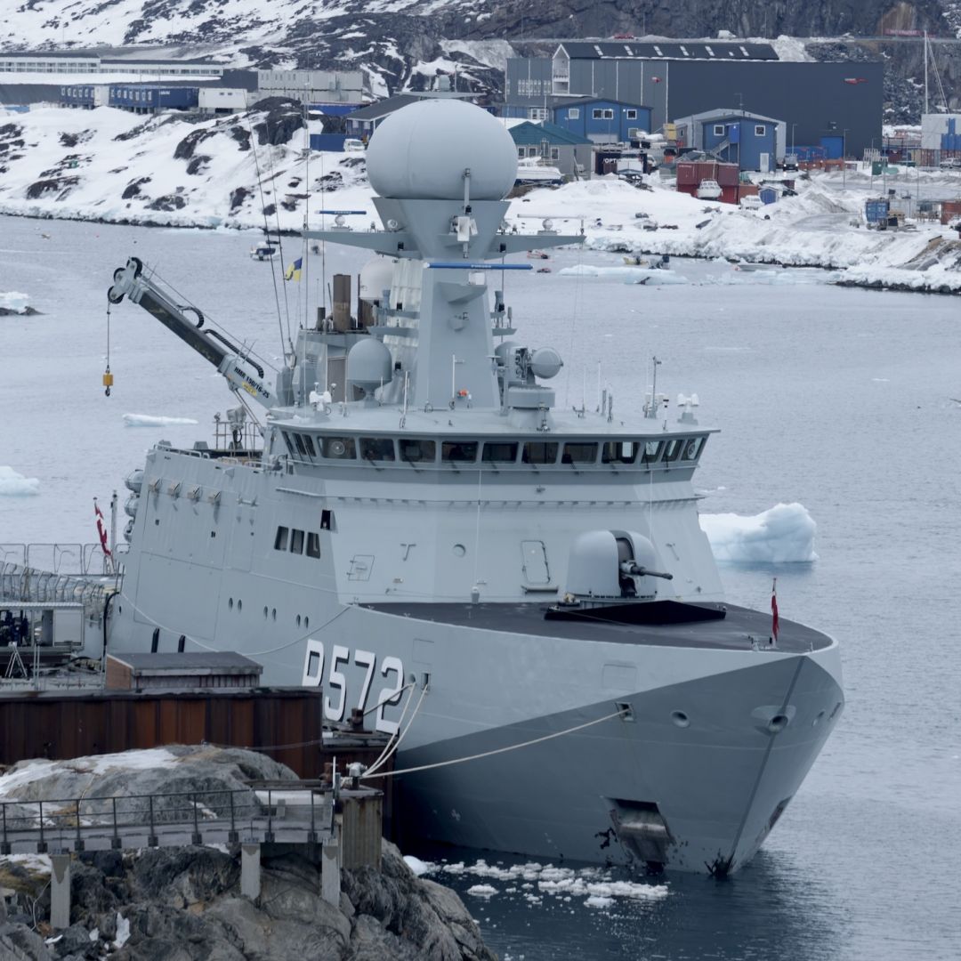 The Danish-flagged DMS Lauge Koch, an offshore Royal Danish Navy patrol vessel, docks at the Port of Nuuk on March 12, 2025, in Nuuk, Greenland. The Danish-flagged DMS Lauge Koch, an offshore Royal Danish Navy patrol vessel, docks at the Port of Nuuk on March 12, 2025, in Nuuk, Greenland.