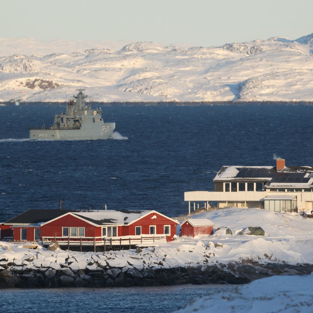 The HDMS Knud Rasmussen ship of the Danish Navy patrols the waters off of Nuuk, Greenland, on Jan. 20, 2026. 