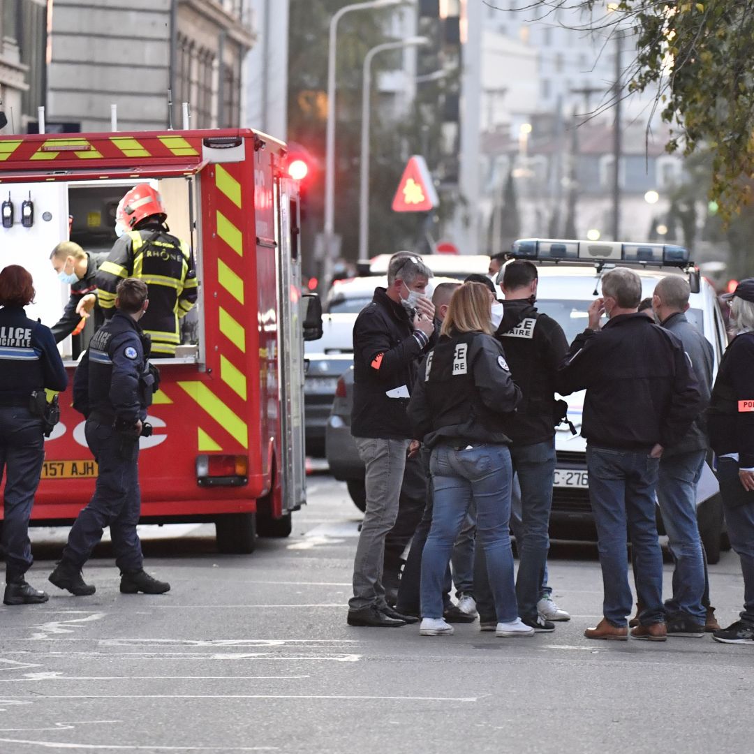 Emergency personnel on Oct. 31, 2020, in Lyon, France, at the scene of an attack on a Greek Orthodox priest.