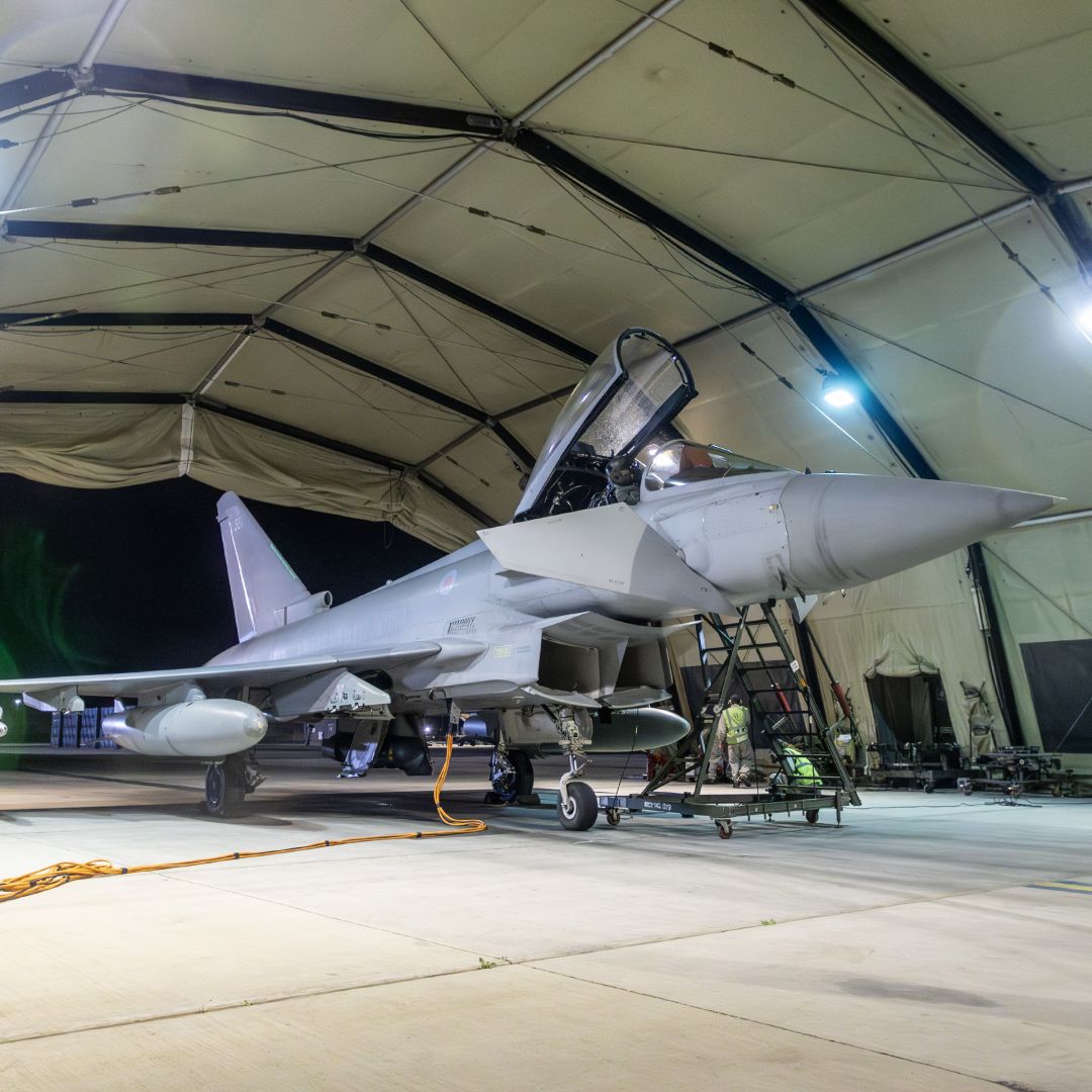 A Royal Air Force Typhoon aircraft returns to berth following a strike mission on Yemen's Houthi rebels at RAF Akrotiri on Jan. 12, 2024, in Akrotiri, Cyprus.