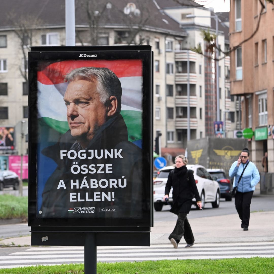  A campaign billboard featuring a portrait of Hungarian Prime Minister Viktor Orban is seen in Budapest's 3rd district on March 27, 2026.