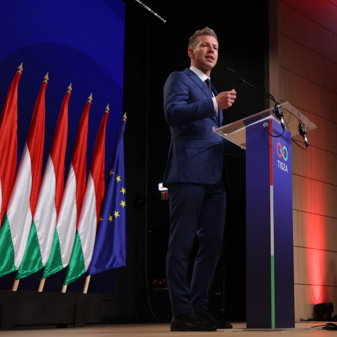 Peter Magyar, lead candidate of the Tisza party, speaks to reporters in Budapest on April 13, 2026, after his party's sweeping victory in Hungary's parliamentary elections.